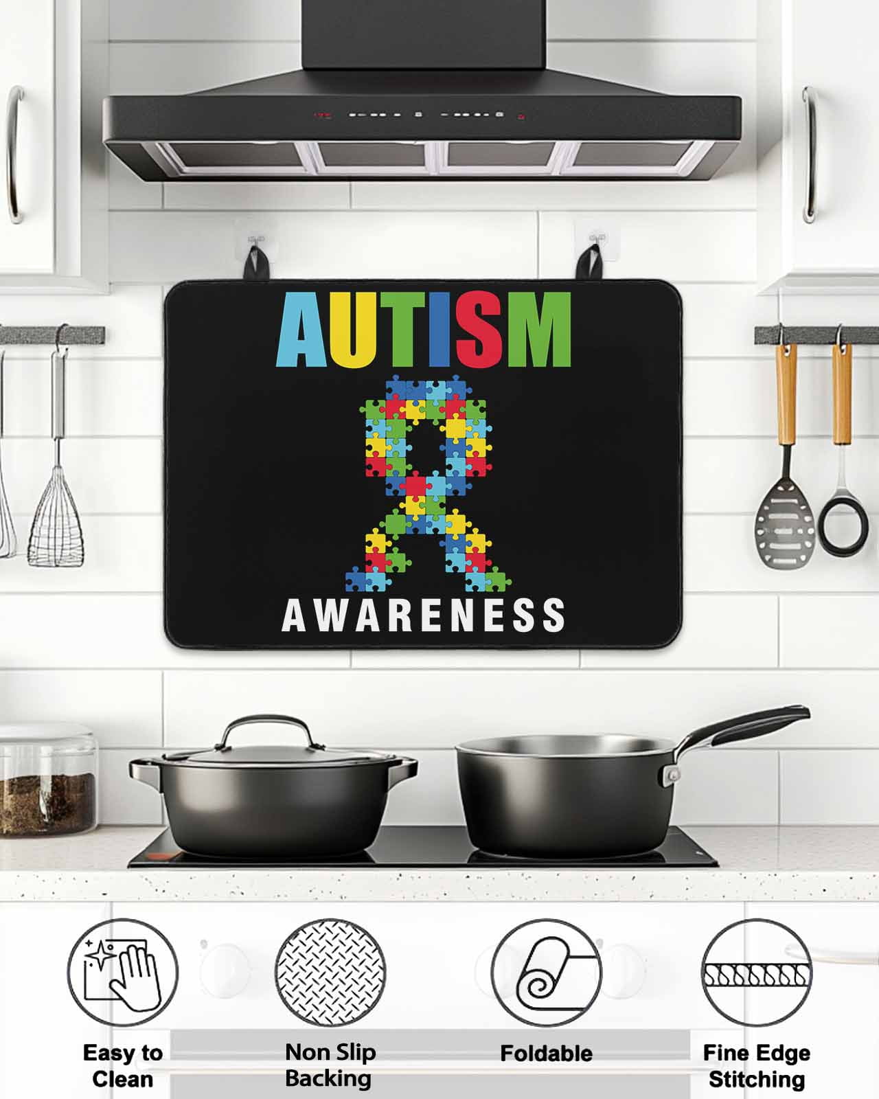 Stove Top Covers for Electric Stove, Cartoon Autism Glass Stovetop Cover Protector, Abstract Awareness Colorful Blocks Modern Induction Cooktop Protector Oven Mat for Kitchen Countertop 24"x21"
