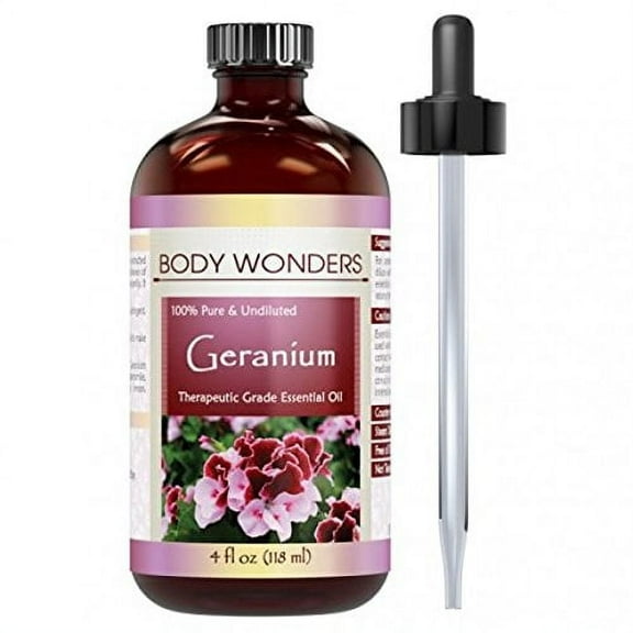 Body Wonders 100% Pure Geranium Essential Oil, 4 fl oz – Natural Geranium Extract for Aromatherapy, Skin Balancing, Hair Care, and DIY Wood Polish