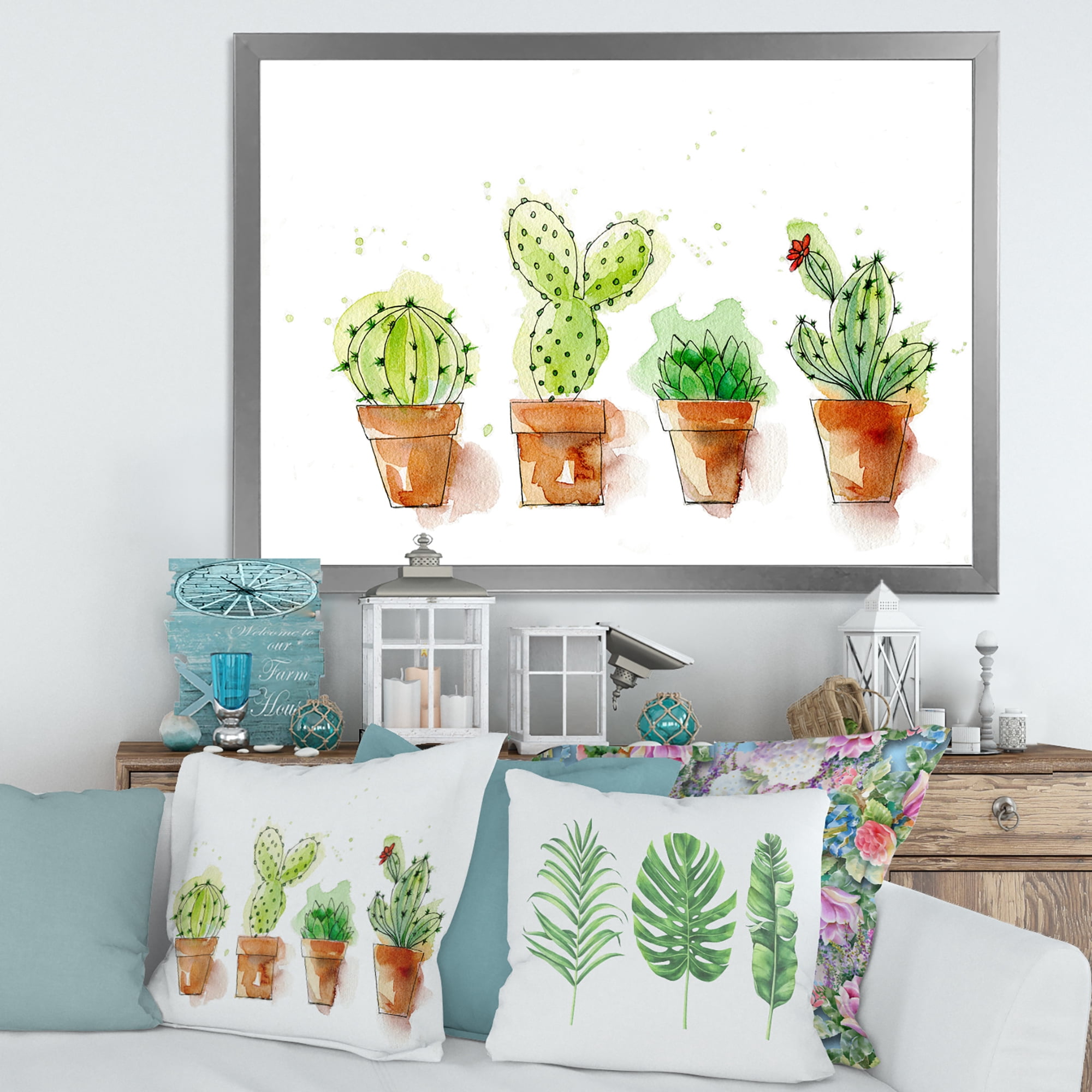 Designart 'Cacti In Gentle Tones In Ceramic Pots I' Traditional Framed Art Print