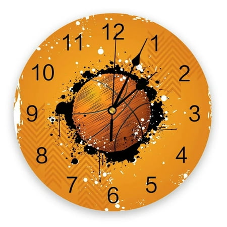 Orange Round Basketball Graffiti Sport Wall Clocks Silent Home Cafe Office Wall Decor Clocks for Kitchen Art Large Wall Clocks(10 Inch)