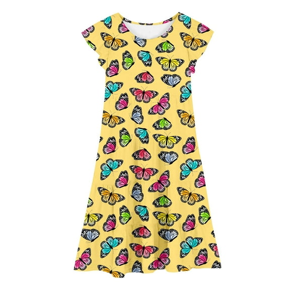 Rggeeun Toddler Girls Dresses Casual Party Flutter Sleeve Colorful Print Tiered Dress For Kids Comfortable Stretchy Waist Spring Summer Fall Dresses Holiday O-Neck Sundress