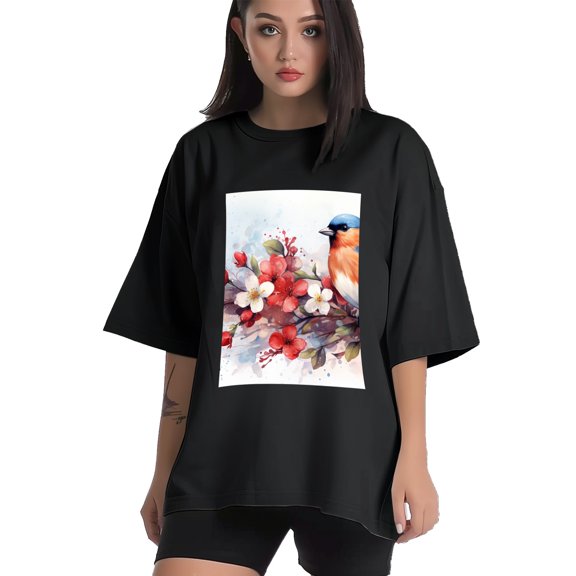 Plus Size Shirt for Women Black Tops for Women Short Sleeves Shirt for Women Watercolor Red-Browed Bird 15 T Shirt Crewneck Shirt for Women XS