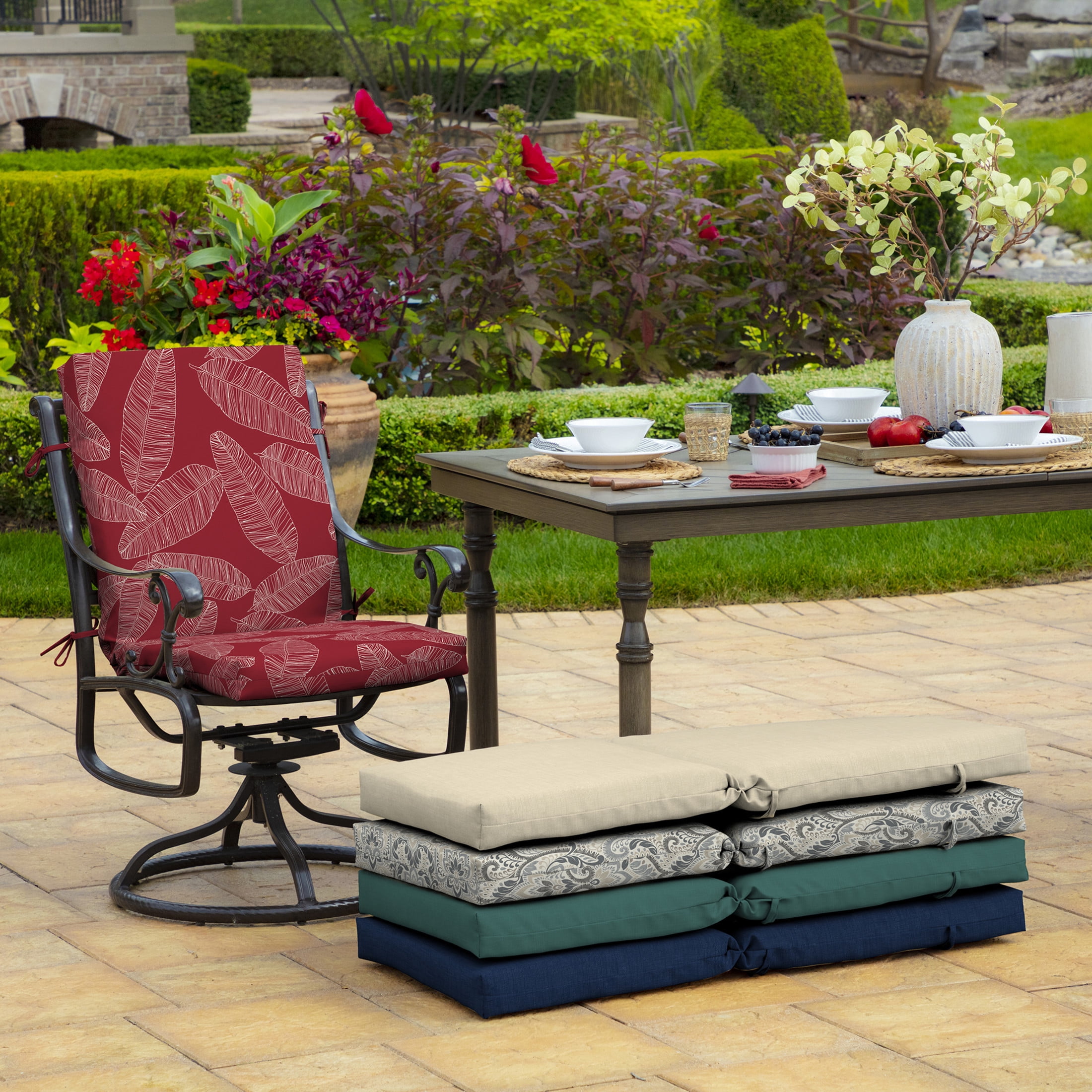 ARDEN 2-Pack Outdoor Patio Dining Chair Cushion, 20x44, Rain-Proof Seat Pad, Fade-Resistant Outdoor Cushion Red Leaf Palm
