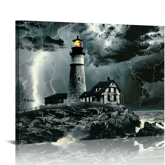 Shiartex Black and White Lightning Canvas Wall Art Lighthouse Pictures Photo Prints Nature Ocean Storm Artwork Framed 20x16in