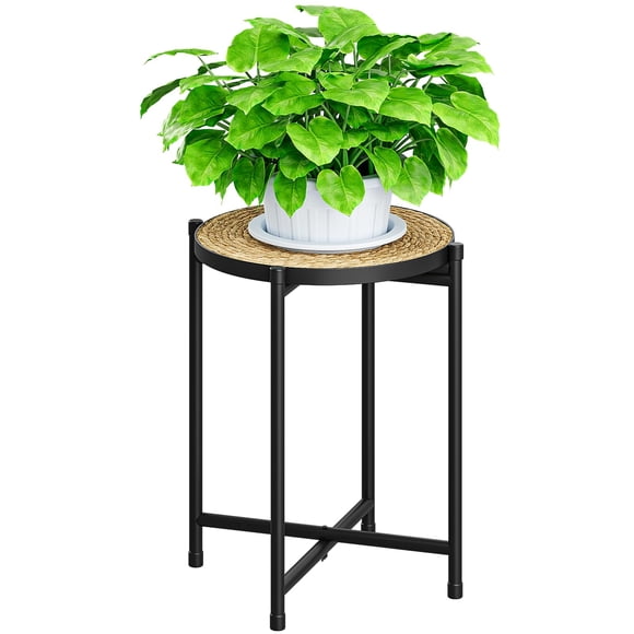 Bamworld Round Plant Stand Indoor Rattan Plant Pedestal Metal Modern Plant Table Shelf for Small Spaces Elegant Flower Holder for