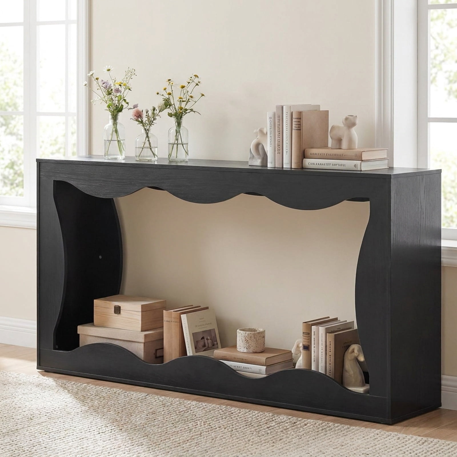 Furnibear 63 Inch Long Narrow Console Table 2 Tier Entryway Table with Wavy Edge Storage Shelf for Hallway Living Room, Black