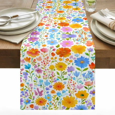 Bloom Flowers Cotton Linen Table Runner Colorful Floral Dining Table Runners for Home Decor Party Dining Room Restaurant Kitchen 13 x 60