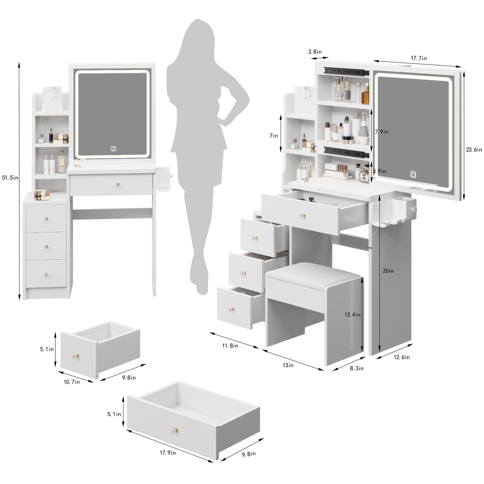 Aukfa Makeup Vanity Set Dressing Vanity Table with Lights Mirror & Power Outlet for Girls - White