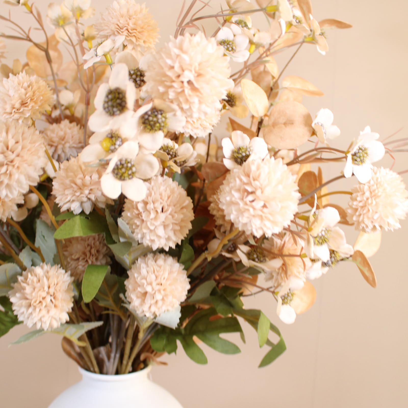 10 Stems Beige Flowers Artificial + Eucalyptus, Fake Mums Long Stem Faux Flowers For Vase, Neutral Floral