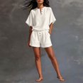 thumbnail image 4 of BODOAO Women's Linen Short Set Short Sleeve Button Shirt and Wide Leg Shorts Loose Fit Summer Casual 2 Piece Outfit for Beach, Vacation, Resort, Lounge and Daily Wear Outfits Beige L, 4 of 4