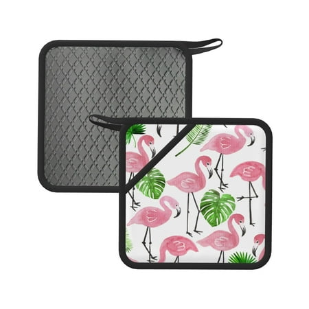 

2pcs Silicone Anti-Hot Hot Pads Oven Mitts Heat Resistant Pot Holders With Pockets Non Slip Oven Glove Potholder For Kitchen Cooking Bbq Baking 7.1in Watercolor Ink Flamingo Green Palm