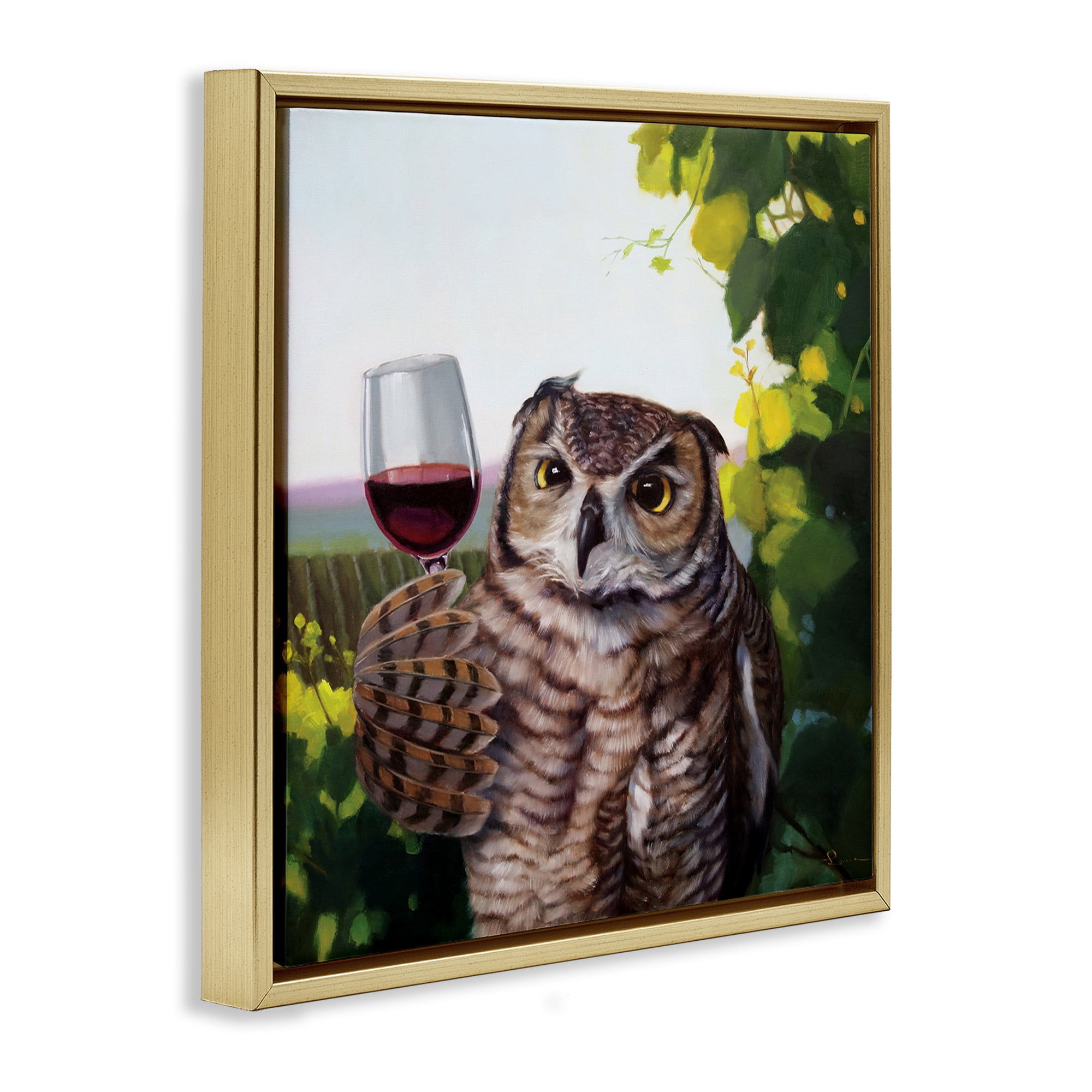 Stupell Industries Owl Drinking Red Wine Animals & Insects Painting Gold Floater Framed Canvas Art Print Wall Art, 25 x 25