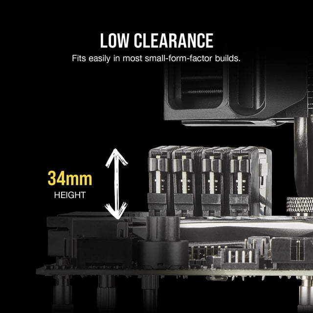 kit de memoria de escritorio corsair vengeance lpx 16gb (2x8gb) ddr4 dram 3200mhz c16 negro — vista lateral de dos módulos negros en ranuras DIMM de una placa madre, altura señalada de 34 mm con flecha, disipadores de aluminio sólidos y contactos visibles; adecuado para gabinetes de factor de forma pequeño y para usuarios que buscan capacidad de overclocking según especificaciones.