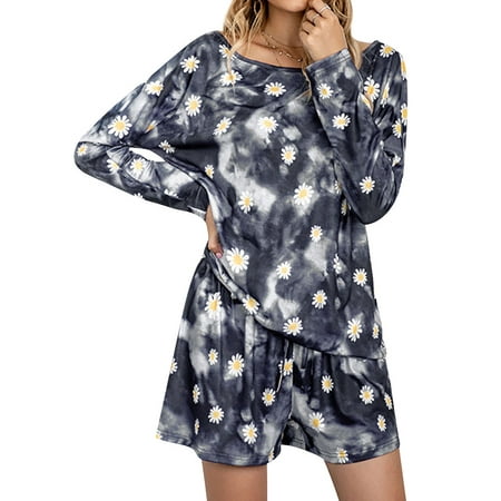 

HUBERY Women Crew Neck Long Sleeve Tie-Dyed Daisy Printed Sleepwear Set