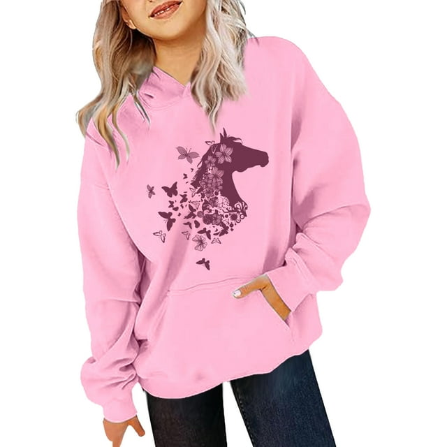 Chandail à Capuche Graphique Cheval Mignon pour Filles Manches Longues Décontracté pour Enfants