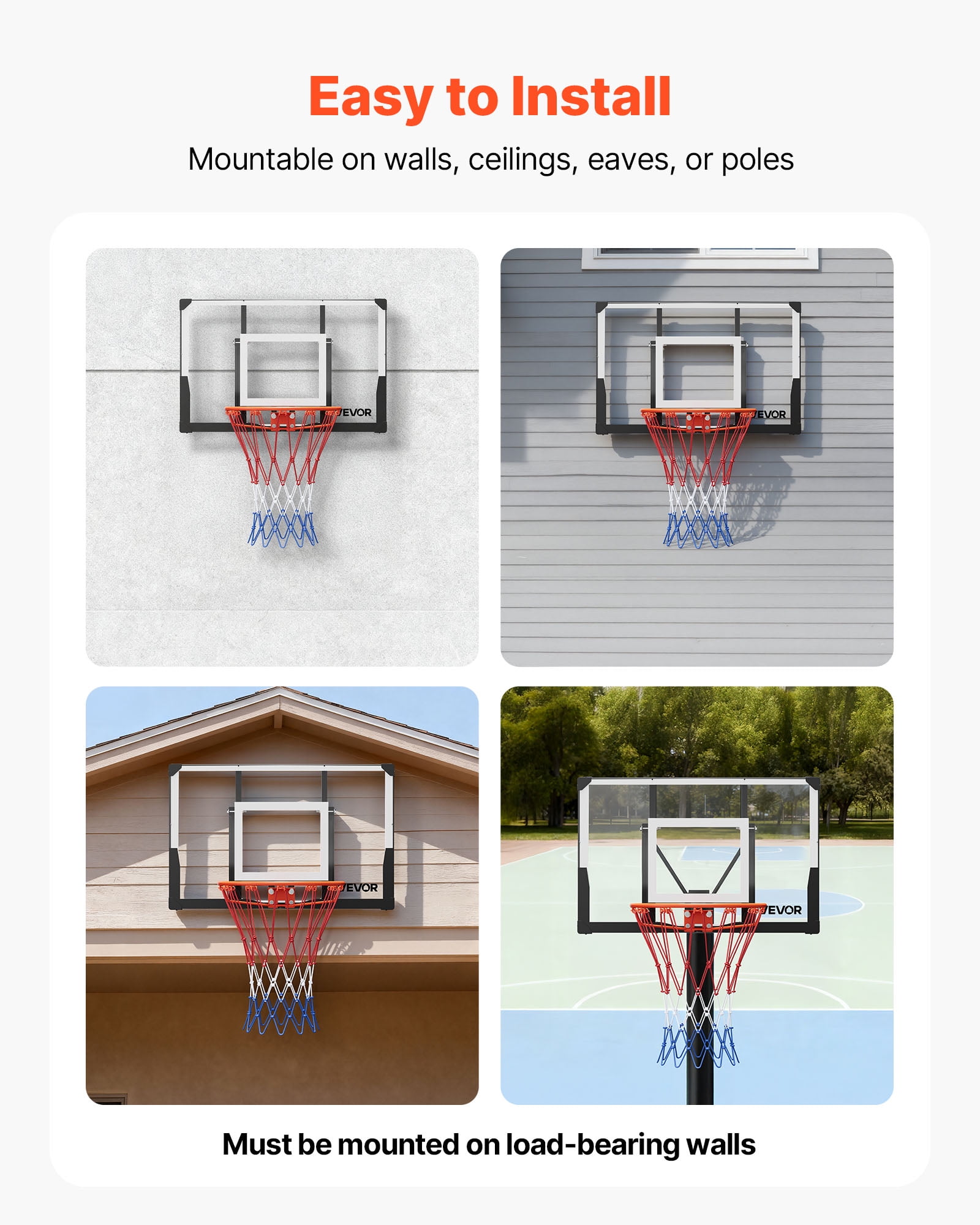 VEVOR Wall Mount Basketball Hoop, 44-inch PC Backboard Mounted Basketball Hoop Outdoor with Solid Steel, 0.08 inch Thickened Backboard, Thickened Woven Nylon Basketballs Net, Indoor & Outdoor Use