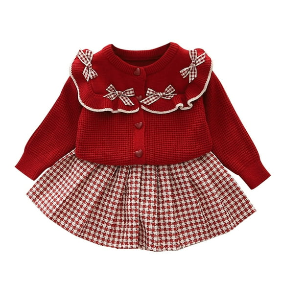 POIUYTR Toddler Baby Girl Sweater and Skirt Set Knitted Button Cardigan Sweater and Pleated Mini Skirt Kids Fall Winter Two-Piece Outfits