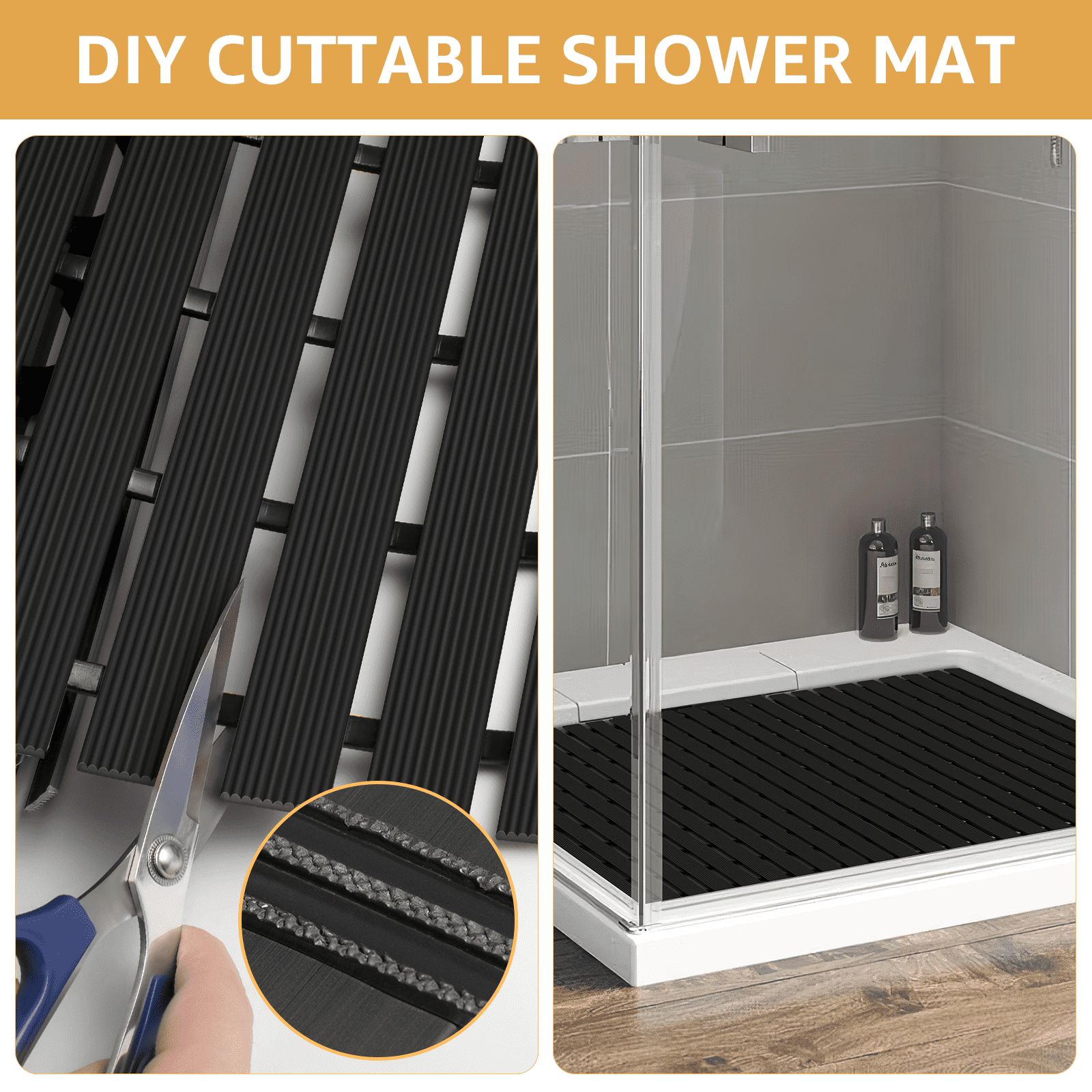 Yolife Extra Large PVC Shower Mat, 35.4x24 inch Non-Slip Bath Mat with Quick Drain, No Suction Cups, Easy to Cut & Store for Tub, Stall, Spa,Black