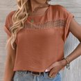 thumbnail image 4 of Women T Shirt Hollow Out Round Neck Plain Casual Comfortable Short Sleeve Top for Home Daily Leisure Brown S, 4 of 8