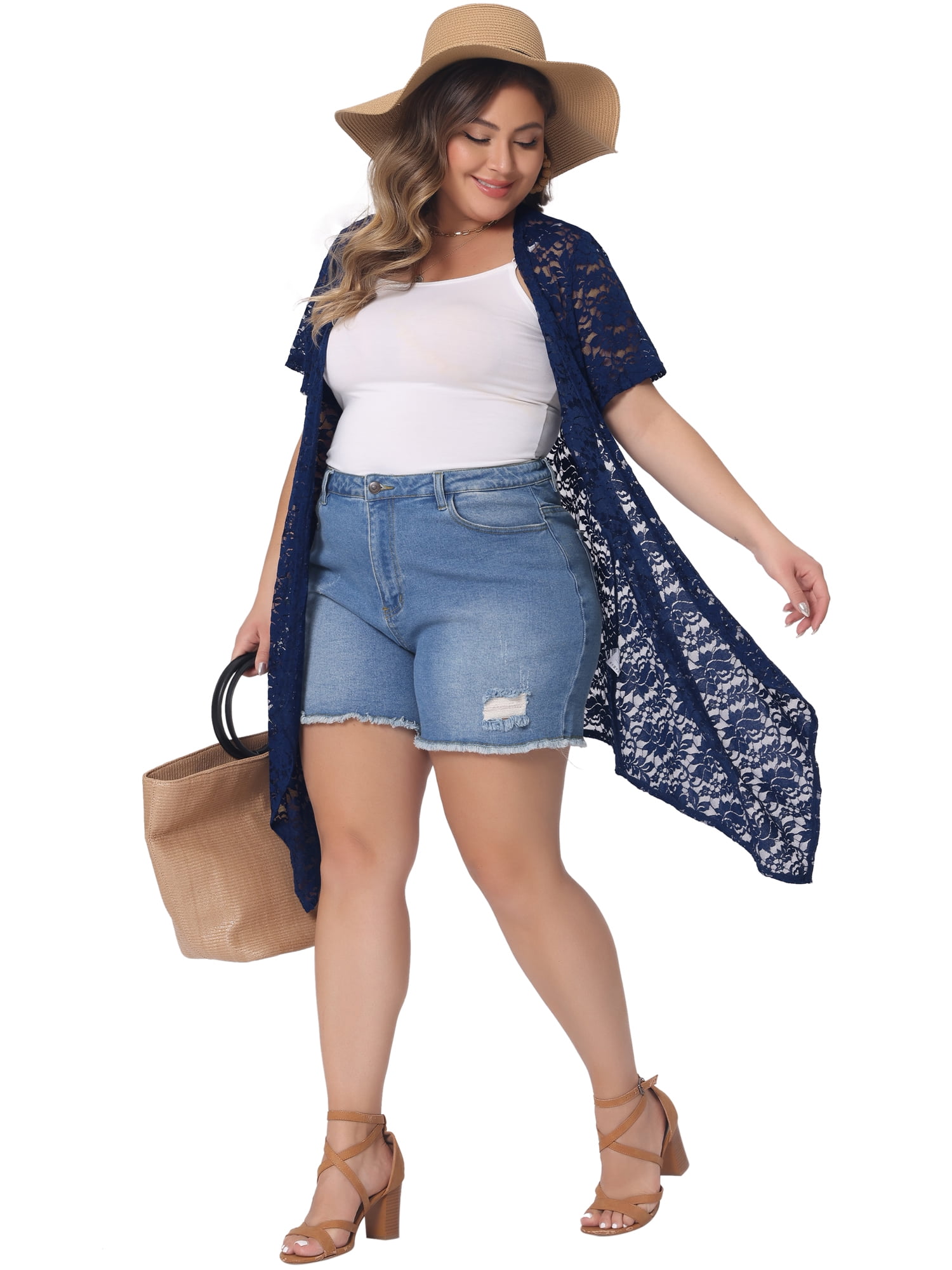 Unique Bargains Women Plus Size Cardigan Lace Crochet Short Sleeves Sheer Cover Up 3X Royal Blue