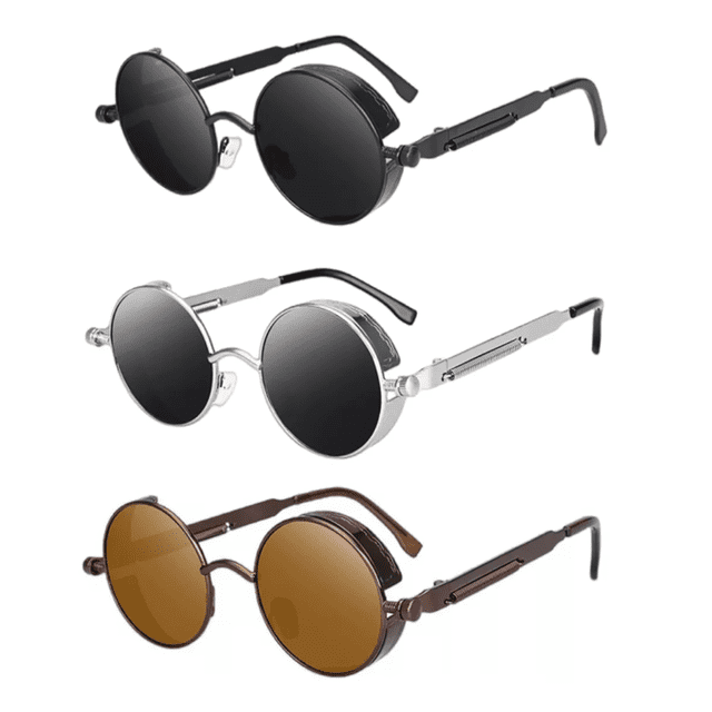 Lentes Sol Uv-400 Gafas Redondos Unisex Negro/Plata/Marron 3 Piezas