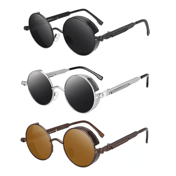 Lentes Sol Uv-400 Gafas Redondos Unisex Negro/Plata/Marron 3 Piezas