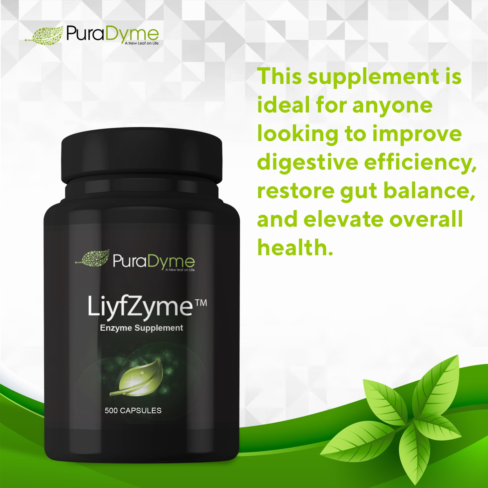 PuraDyme LiyfZyme Plant-Based Digestive Enzyme, Digestive Health Support (500 Ct)