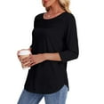 thumbnail image 2 of Womens Tops 3/4 Length Sleeve Blouses Dressy Casual Spring Summer Outfits Pleated Front T Shirts Curved Hem, 2 of 2