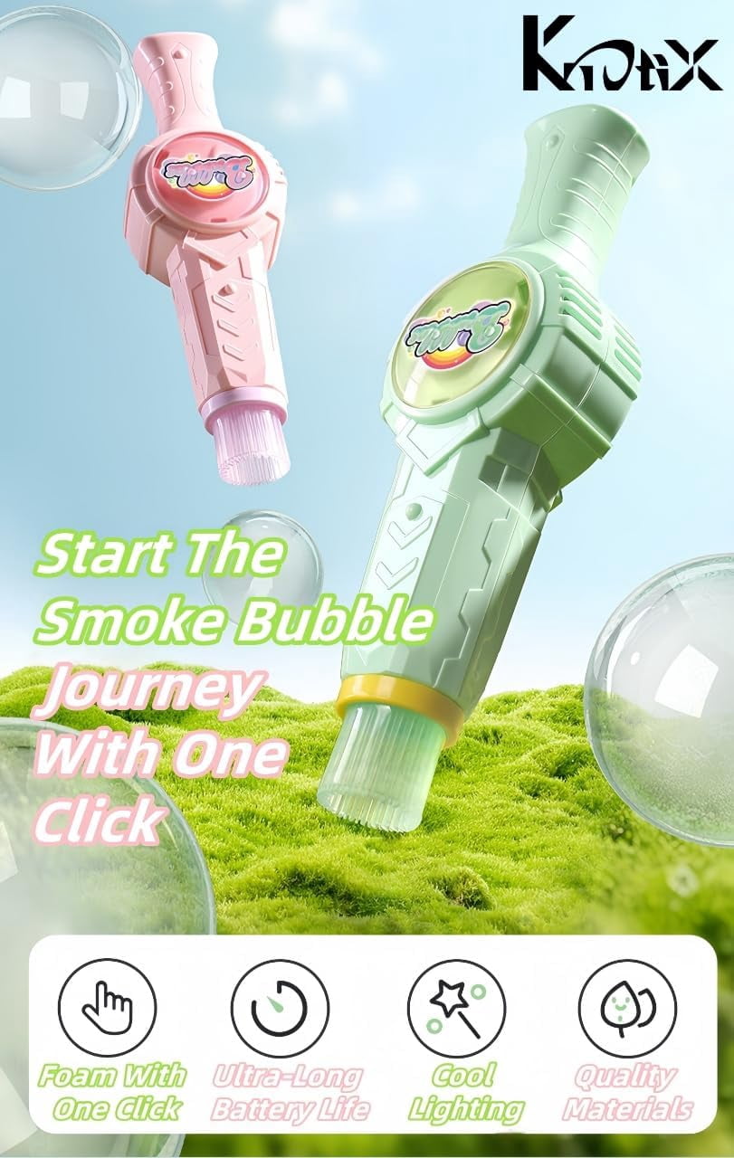 Rechargeable Elastic Smoke Bubble Machine – Magic Wand with Lights & Sound,Bubble Gloves & Spill-Proof Cup, Safe Solution (Green/Pink)