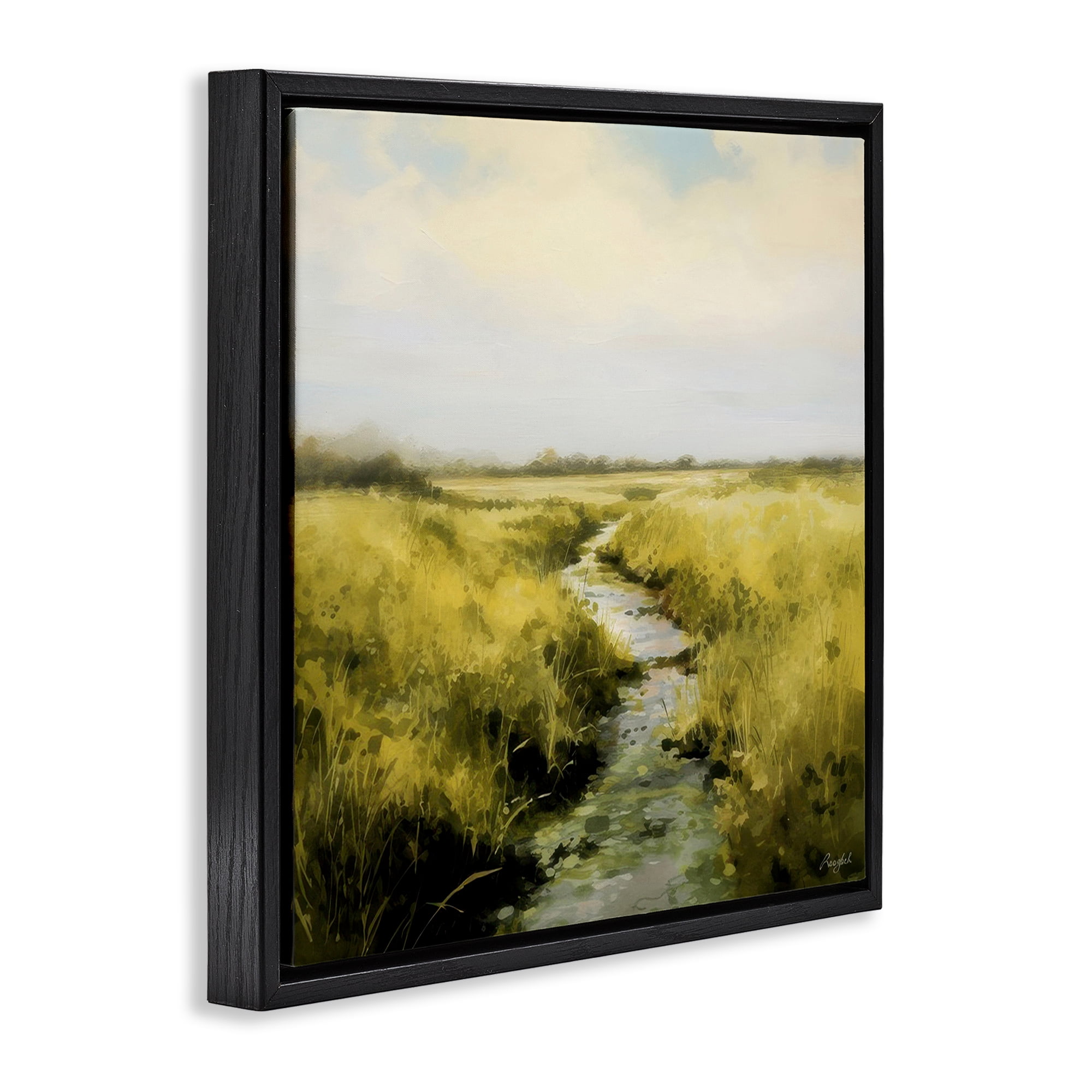 Stupell Industries Calming Horizon Stream Landscape & Nature Painting Black Floater Framed Canvas Art Print Wall Art, 25 x 25
