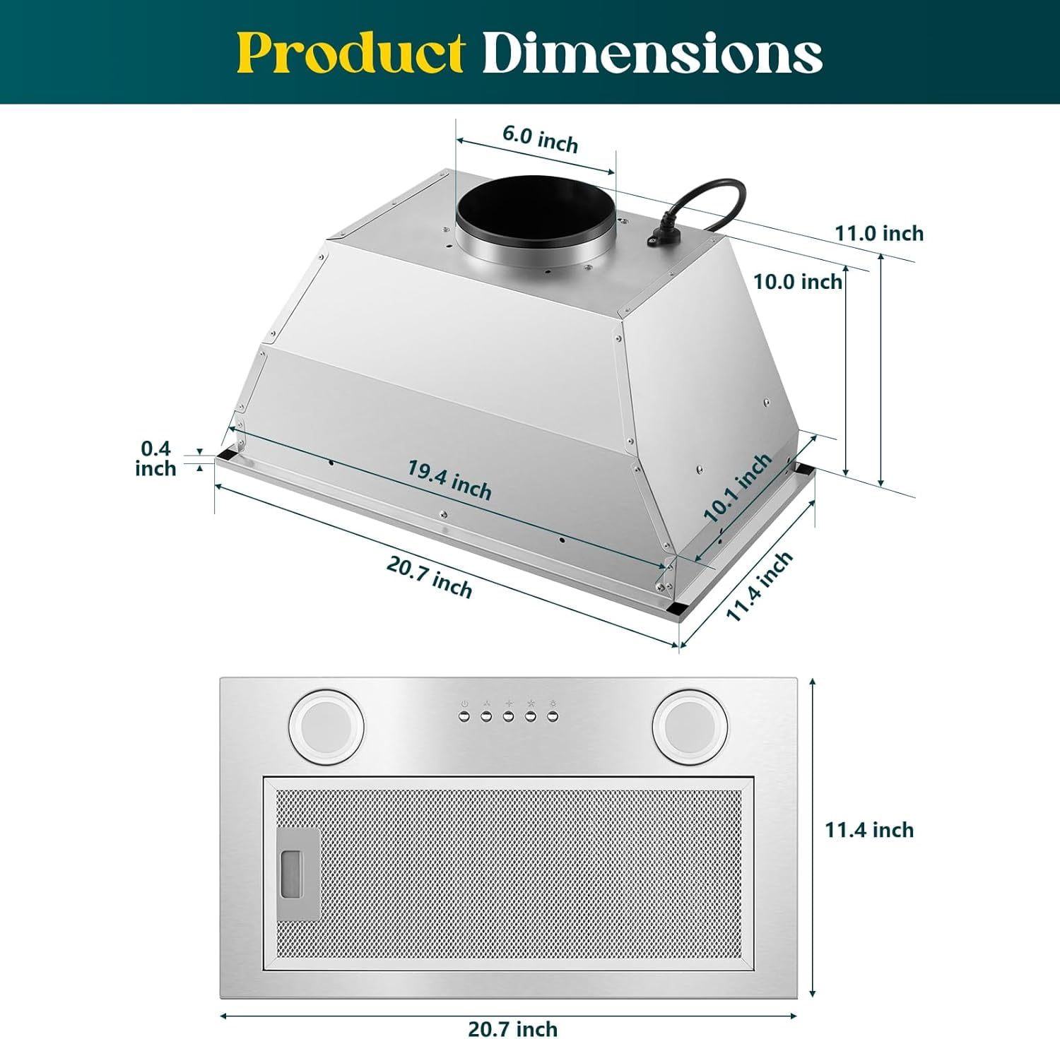 Range Hood Insert 20 Inch Built-in Kitchen Hood 600CFM Ducted/Ductless Convertible Vent Hood Insert with Mesh Filter, Push Button Control Stainless Steel Range Hood 3 Speed Fan