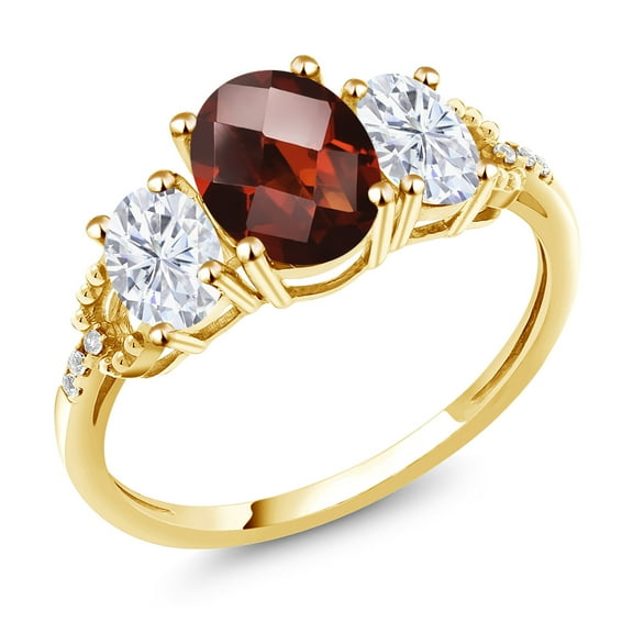 Gem Stone King 10K Yellow Gold Red Garnet White Moissanite and Diamond Accent 3-Stone Engagement Ring for Women | 2.58 Cttw | Gemstone Birthstone | Size 5-9.5