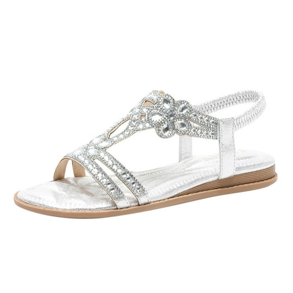 keusn womens flats sandals summer gladiator bohemian rhinestone dress shoes comfortable open toe elastic ankle strap slip on sandal silver size 9