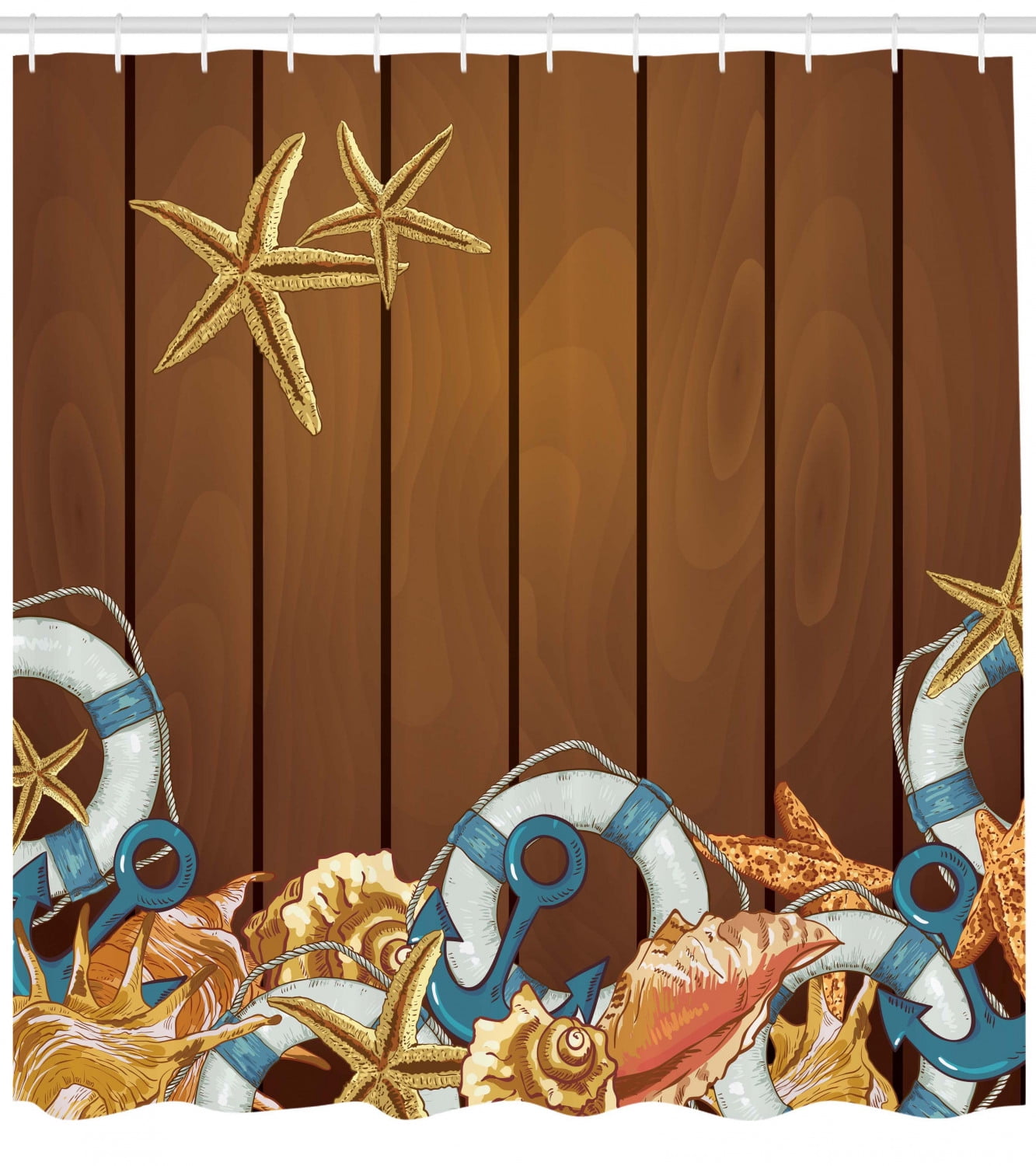 Shower Curtain Set Seashells Anchors Starfish On Wooden Backdrop Nautical Elements Icon Sea Theme Bathroom Decor Brown Blue White By Ambesonne Walmart Com Walmart Com