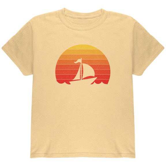 Marina Ocean Sail Boat Silhouette Retro Sunset Youth T Shirt Yellow Haze YXL