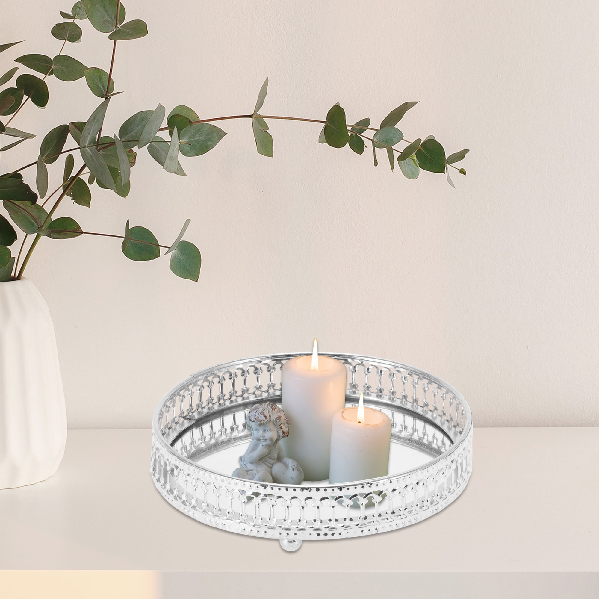 Unique Bargains Mirror Tray Round Metal Perfume Tray Glass Candle Serving Decorative Tray