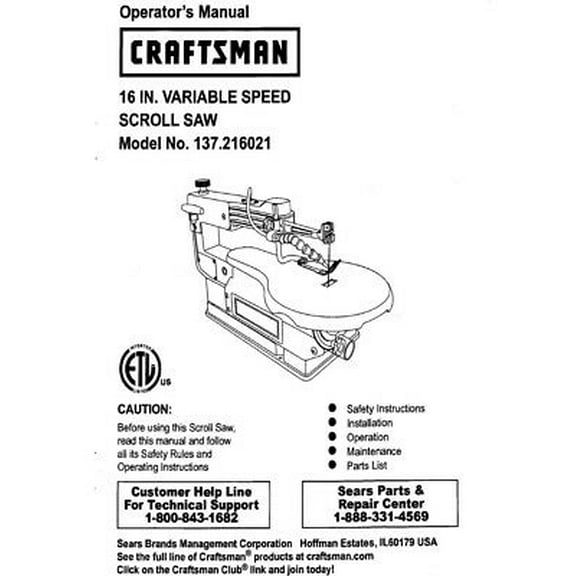 Instruction Manual ONLY for Craftsman 137.216021 Scroll Saw Owners Instruction Manual REPRINT