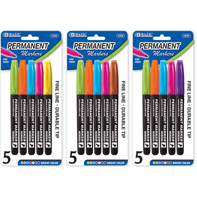 BAZIC Fancy Colors Fine Tip Permanent Markers w/ Pocket Clip (5/Pack)