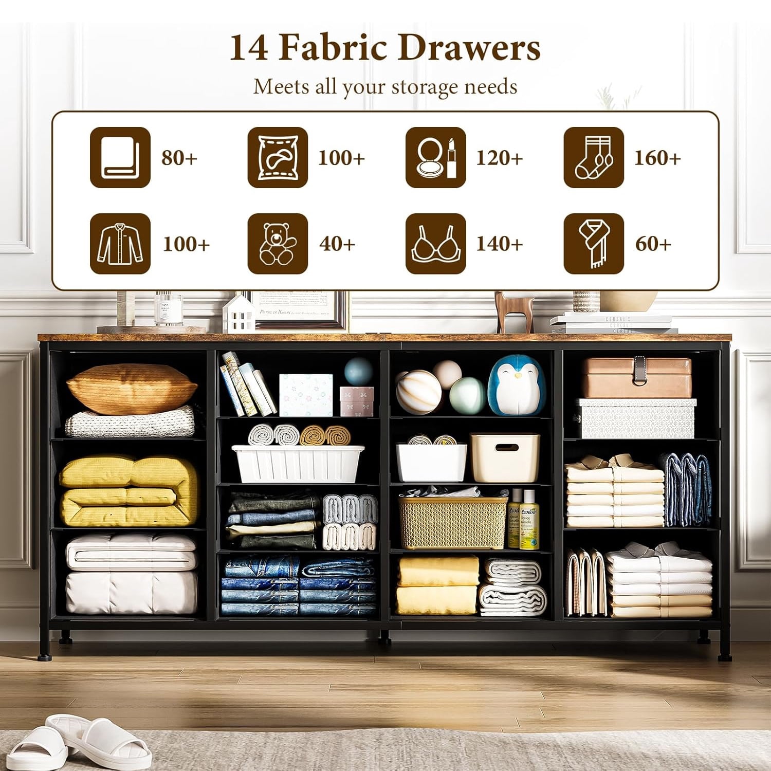 M optimized 63" Dresser for Bedroom, TV Stand for 65 70 75 inch TVs, 14 Drawer Dresser with Power Outlets, Large Long Fabric Dresser Entertainment Center