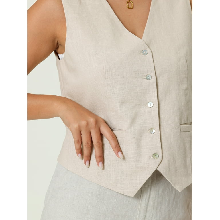 Unique Bargains Women's Linen Vest Sleeveless Button Down V Neck