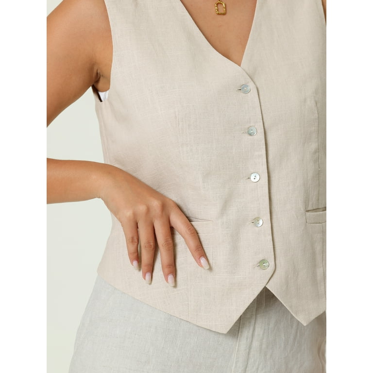 Unique Bargains Women's Linen Vest Sleeveless Button Down V Unique Bargains Women's Linen Vest Sleeveless Button Down V