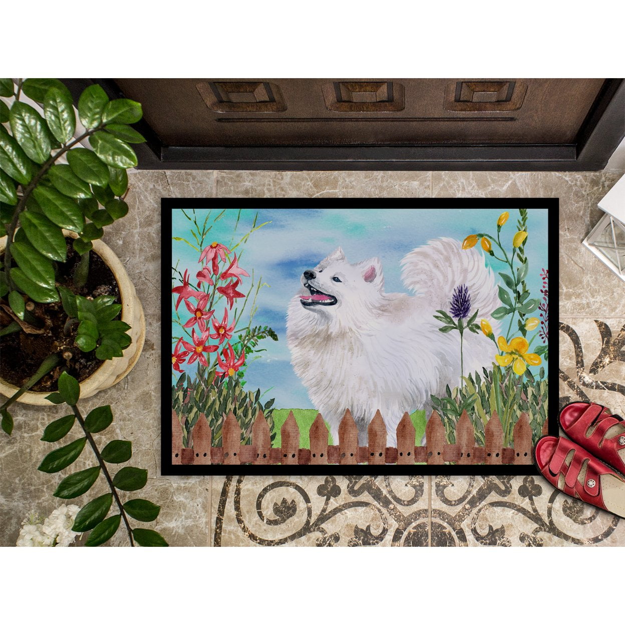 Carolines Treasures CK1253MAT Samoyed Spring Door Mat Indoor Rug or Outdoor Welcome Mat 18x27 Doormat  27"L x 18"W