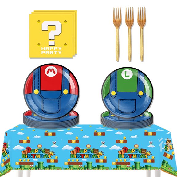 JMOCD 51Pcs Green Mario Super Bros Party Tableware Set, Birthday Party Supplies Decorations Set, Tablecloth,Plates, Napkins,Cutlery,10 Guests