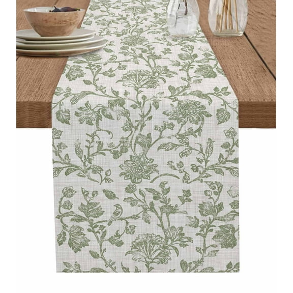 Farmhouse Sage Green Burlap Cotton Table Runner 13x36 Inches Short, Vintage Flower Leaf Botanical Farmhouse Table Runners, Outdoor Dining Tablecloths Decor for Baby Shower/Party/Wedding