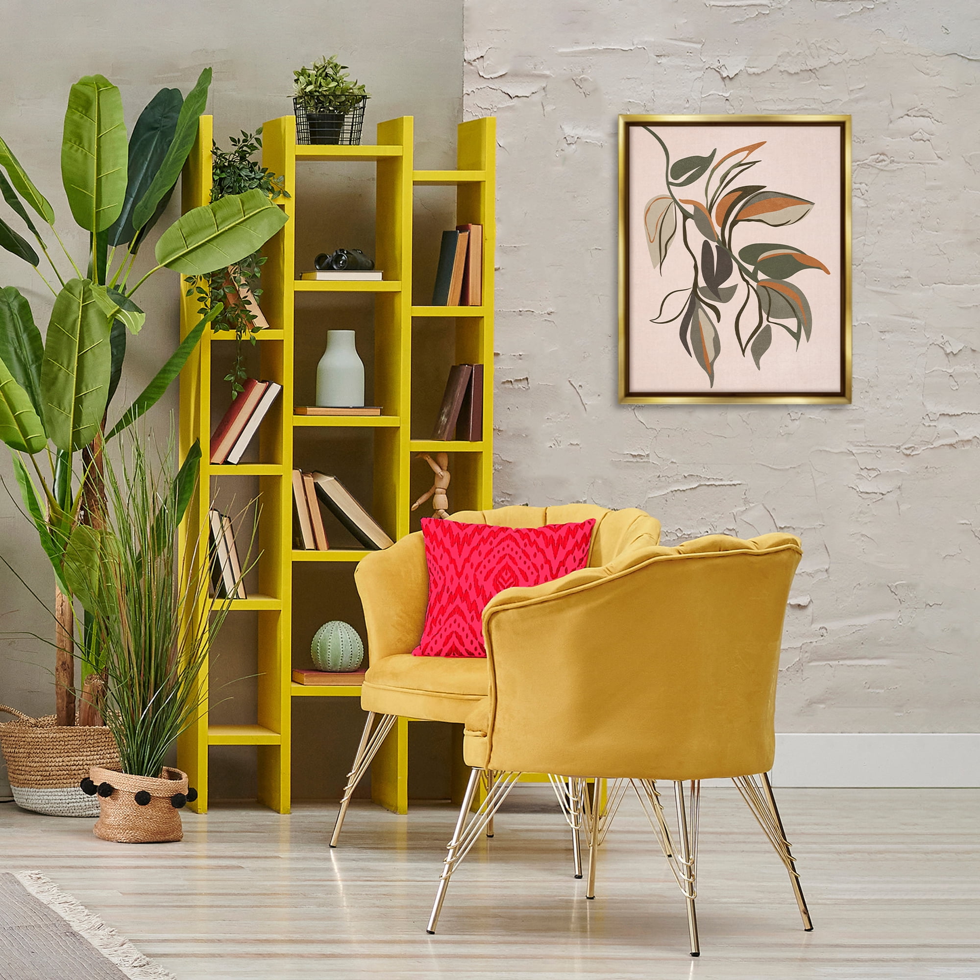 Stupell Industries Hanging Botanical Ivy Plants & Flowers Painting Gold Floater Framed Canvas Art Print Wall Art, 17 x 21