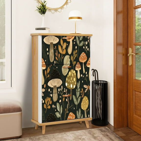 Shoe Storage Cabinet with 3 Flip Drawers for Entryway Boho Mushroom Forest Black Brown Green Botanical Mushrooms Leaves Shoe Rack Storage Organizer