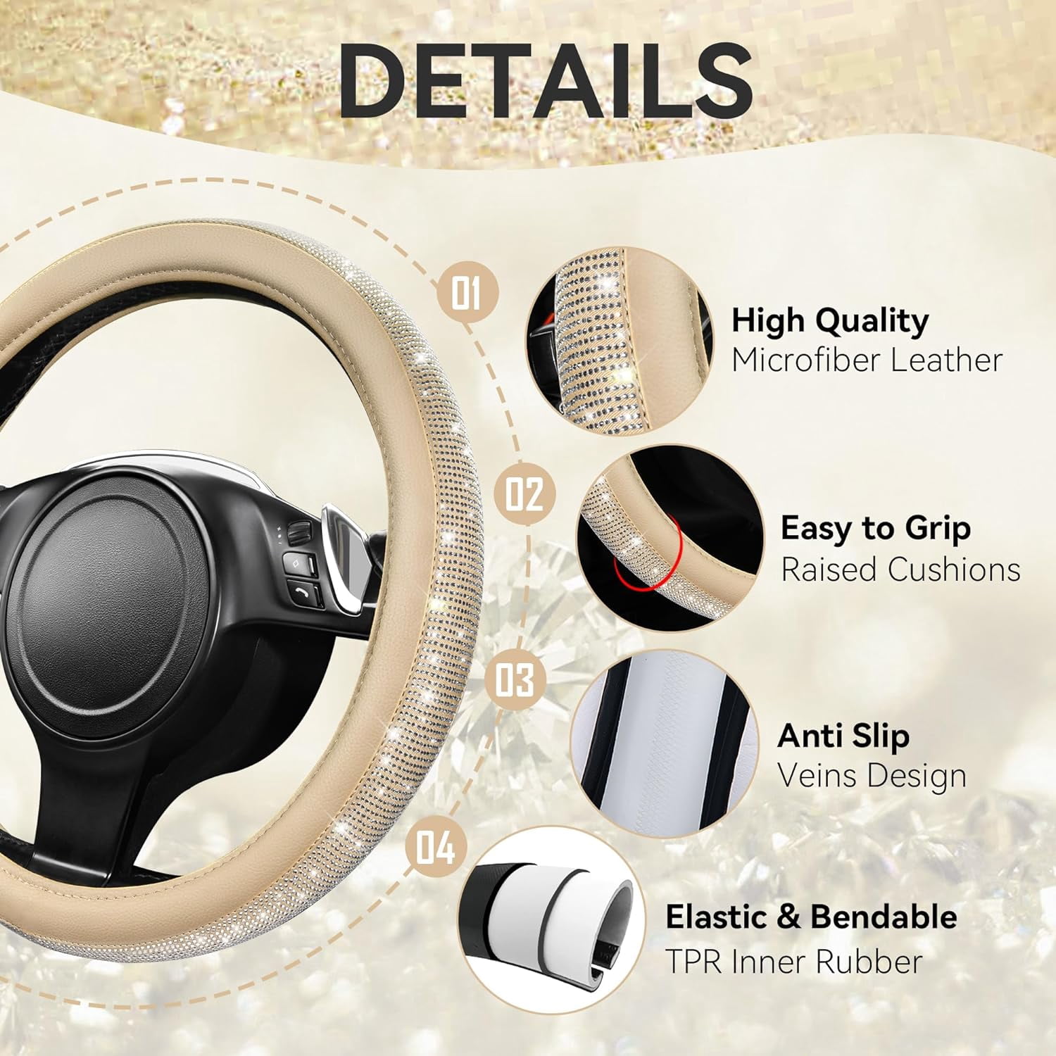 Bling Diamond Leather Steering Wheel Cover, with Sparkly Crystal Glitter Rhinestones Universal Fit 14"1/2-15" Car Wheel Protector for Women Fit Suvs, Vans, Sedans, Car, Trucks