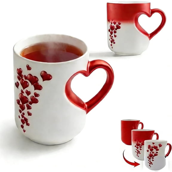 Heart-Shaped Color Changing Magic Ceramic Mug, Funny Color Changing Coffee Cup, Heart-Shaped Handle Ceramic Coffee Cup for Valentine's Day, Romantic Gift, Red
