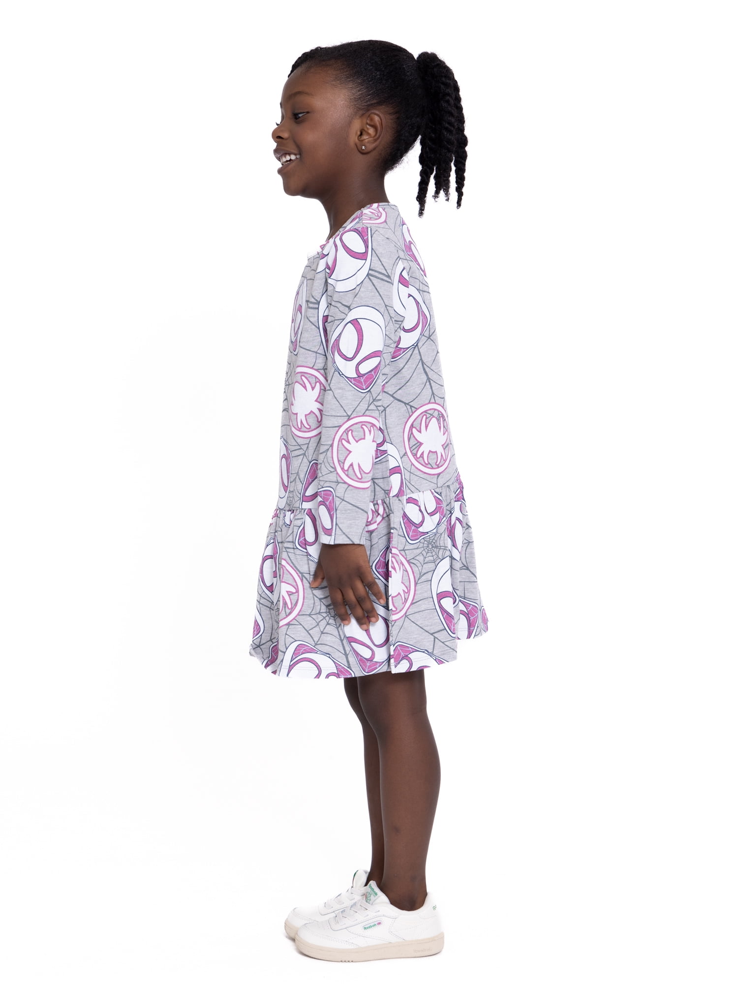 Marvel Ghost Spider Toddler Girl Long Sleeve Drop Waist All Over Print Dress, Sizes 12M-5T