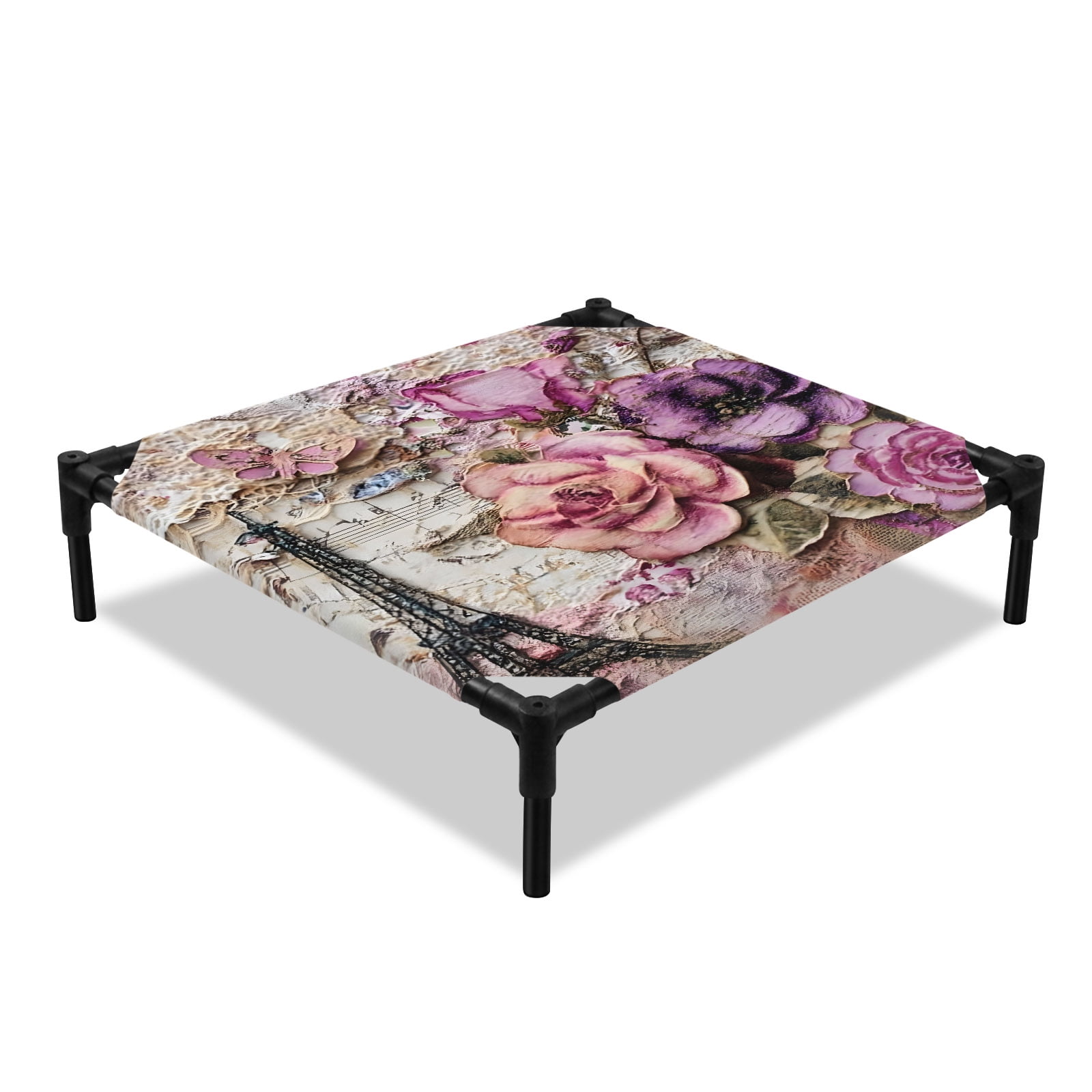 Pink Purple Floral Elevated Dog Bed Vintage Paris Eiffel Tower Sheet Music Texture Cooling Breathable Outdoor Raised Dog Cot Bed with Metal Frame Non-Slip Feet for Small Dog 20x20in